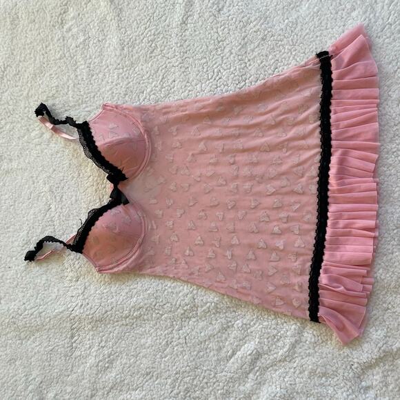 Pink Heart Mesh Babydoll Lingerie Dress Lace Trim Pleated Hem S - Picture 3 of 11